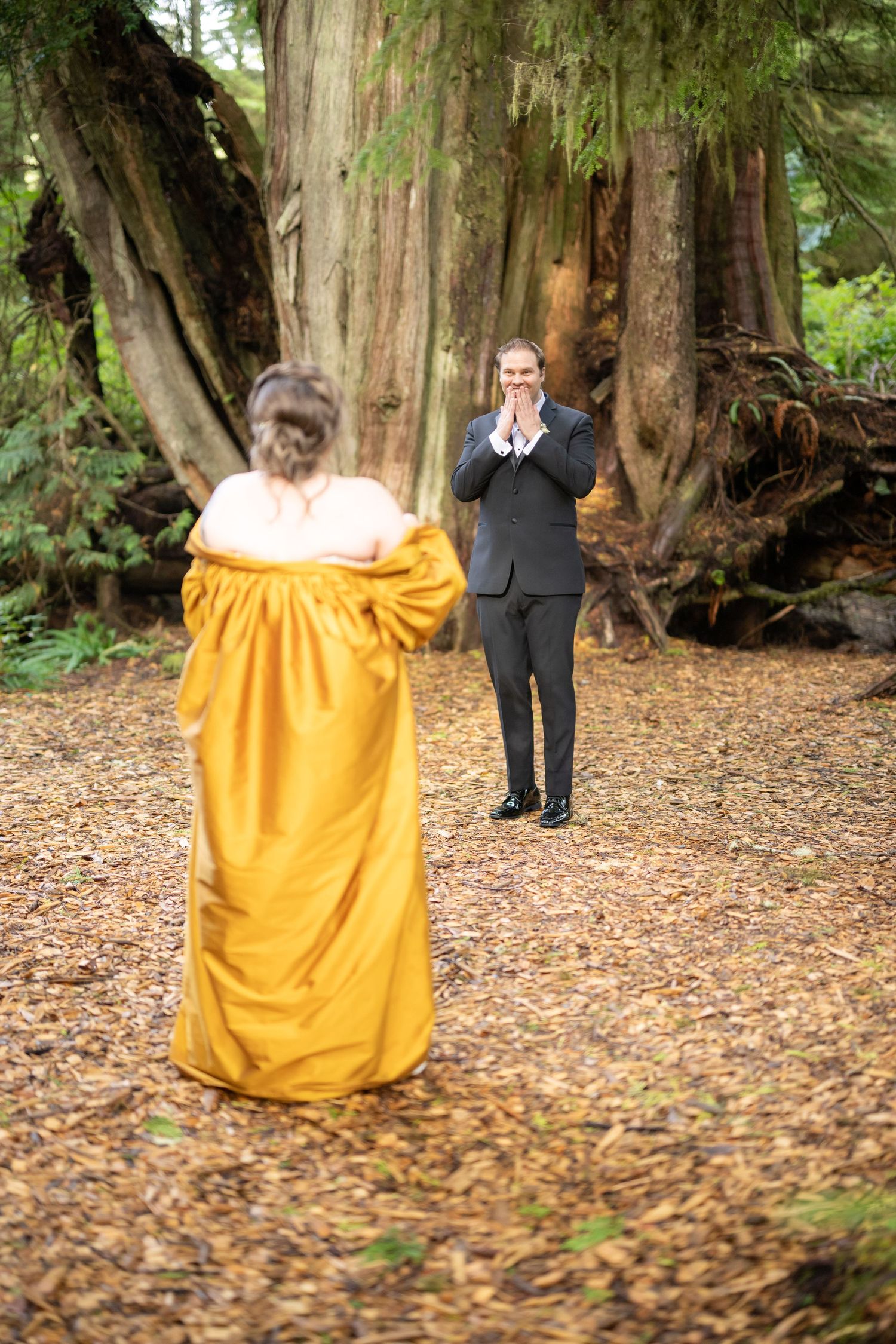 A bright yellow dress twirls through a forest of tall trees on a leaf-covered ground.