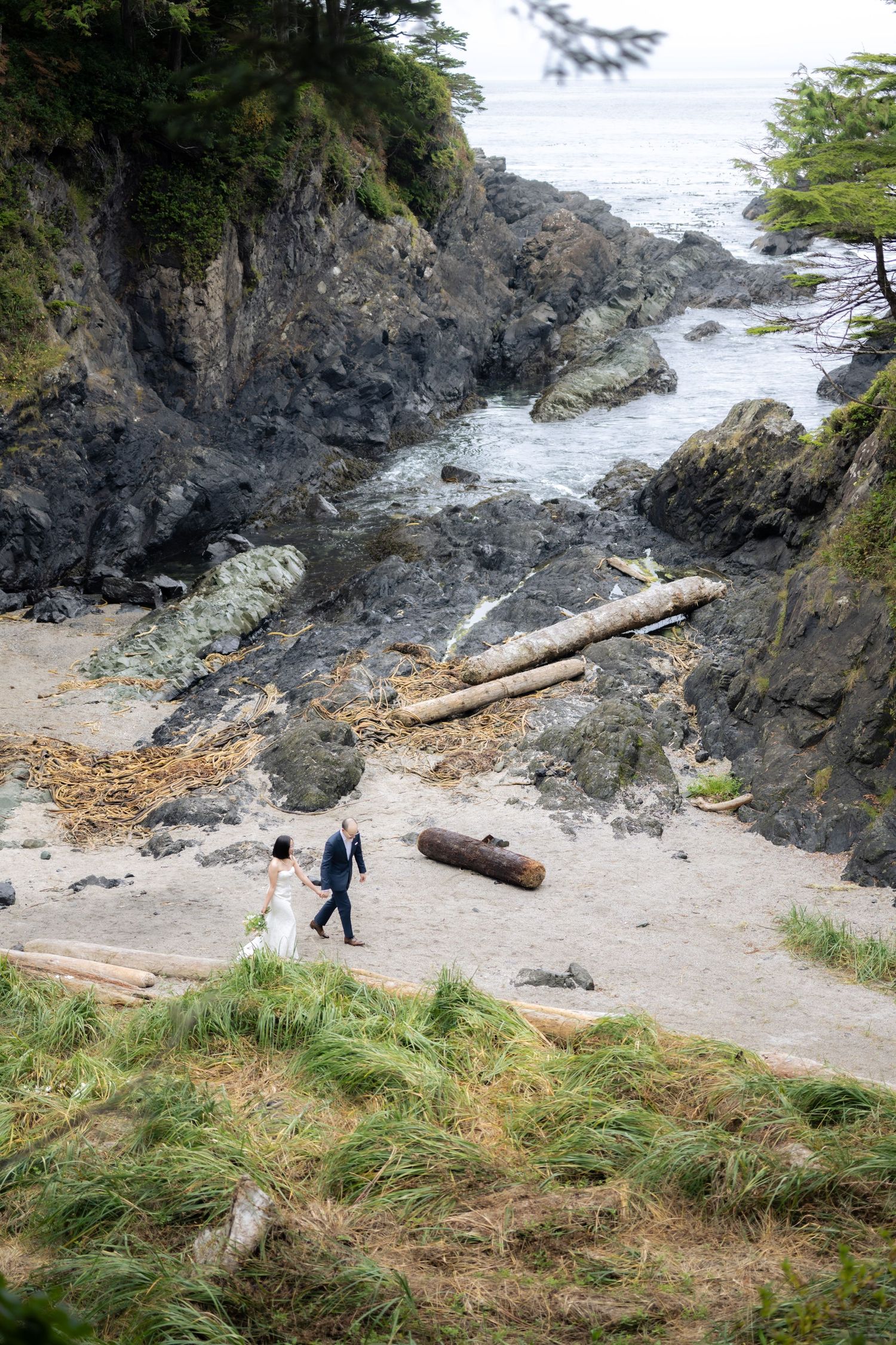 Rocky coastal beach with driftwood logs and cliffs along the shoreline.