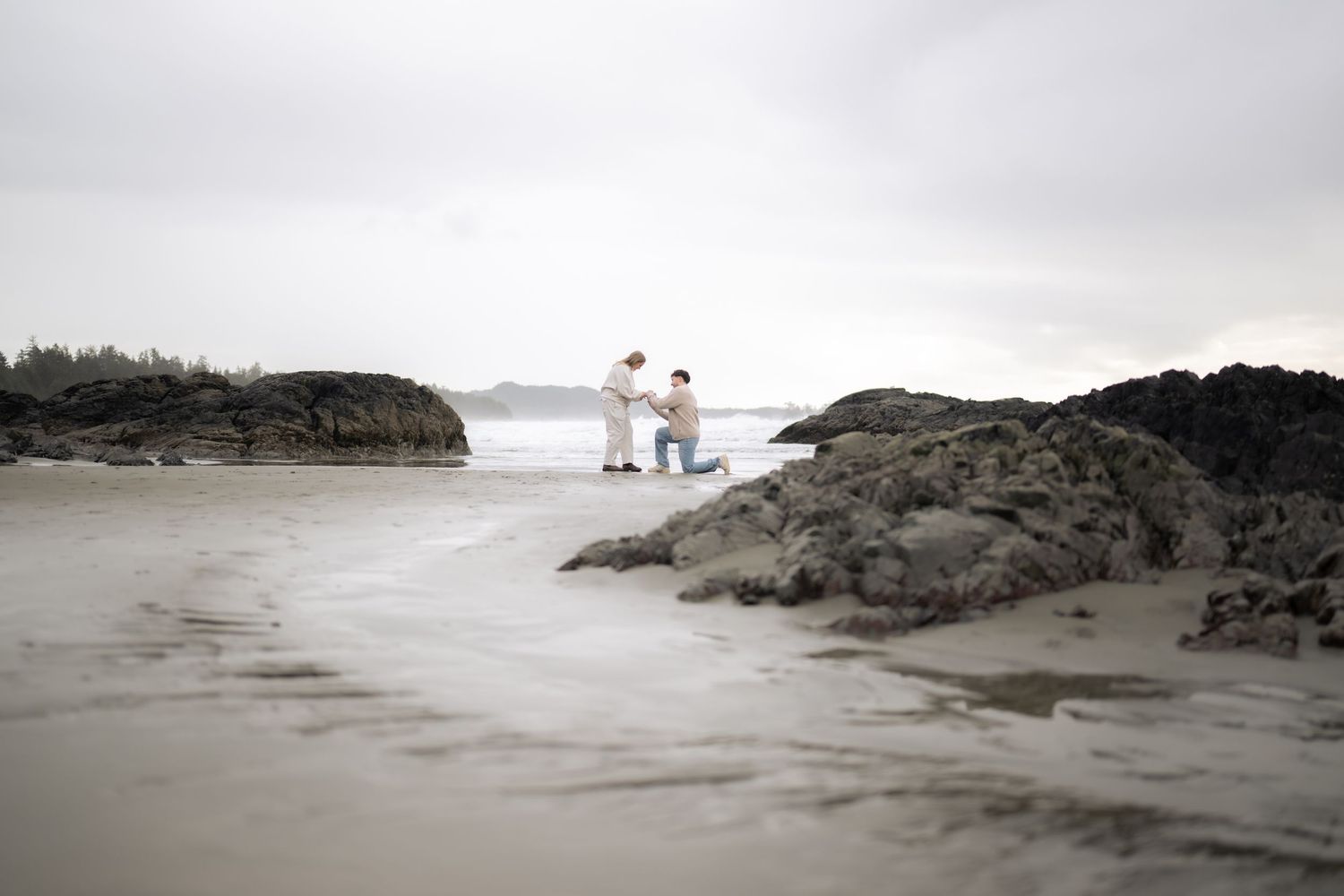 Minimalist beach landscape with silhouetted figures against rocky coastal formations.