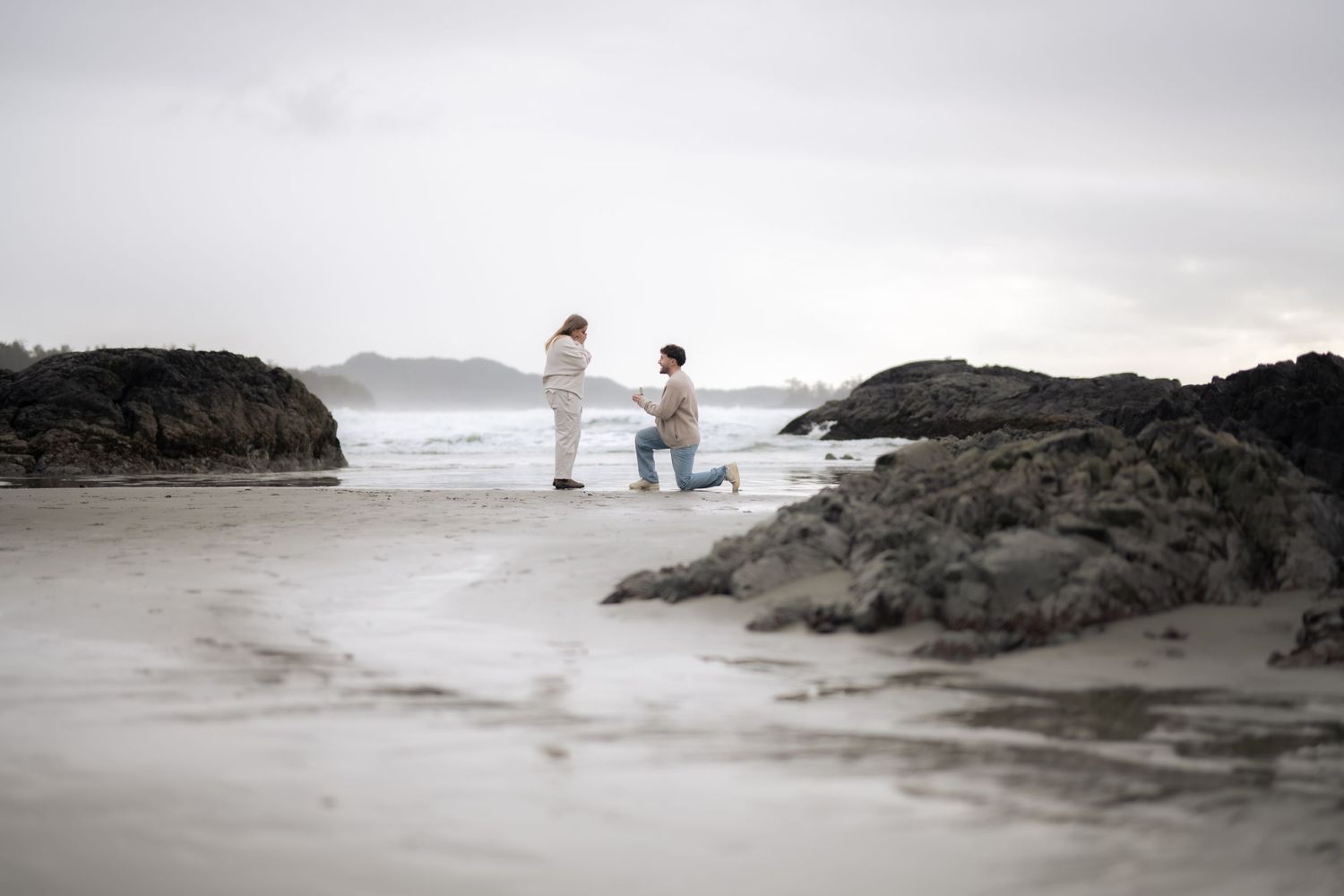 Minimalist beach scene with rocky outcrops and misty coastal atmosphere in soft grey tones.
