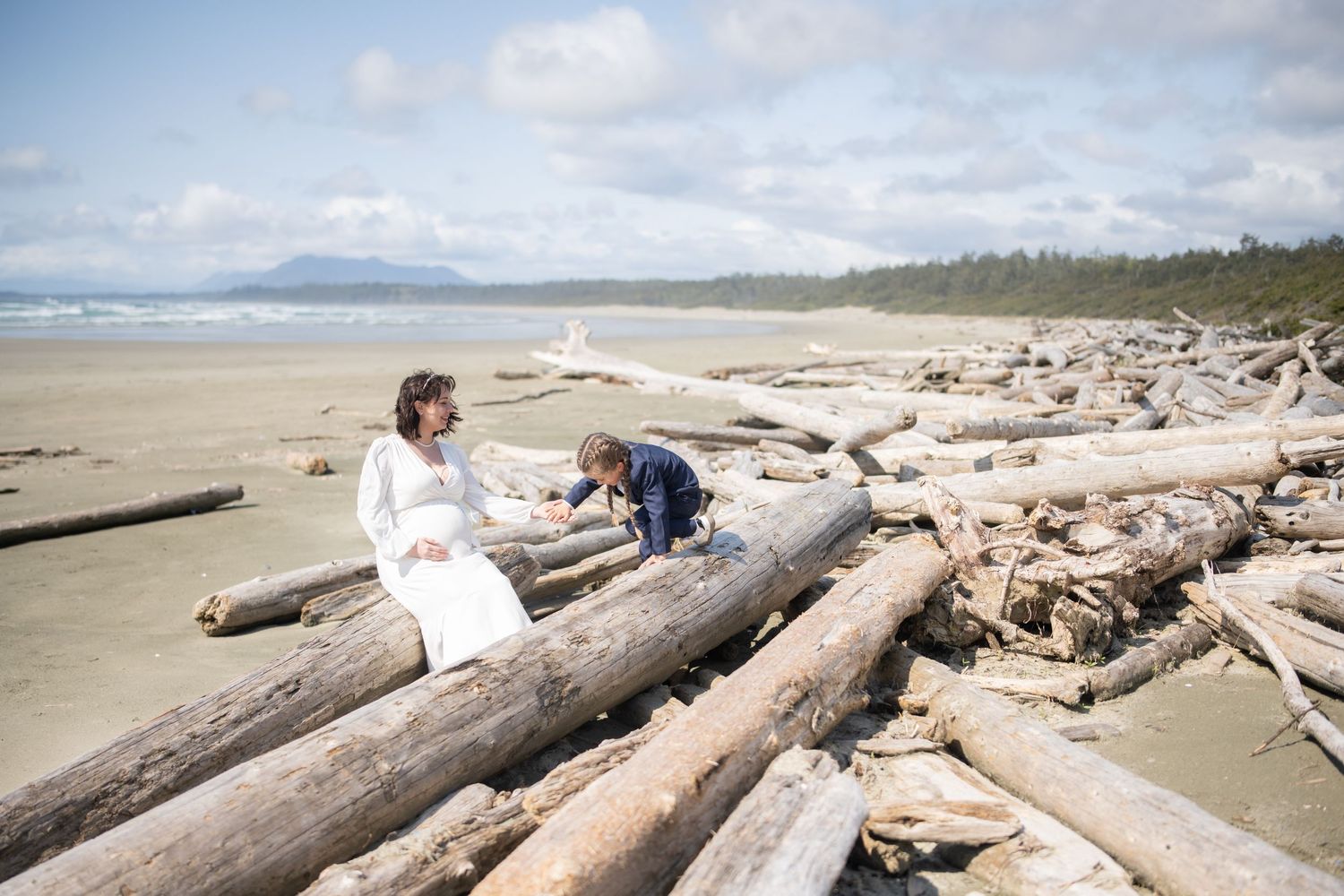 Panoramic view of a Pacific Northwest beach with driftwood and mountains in the distance.