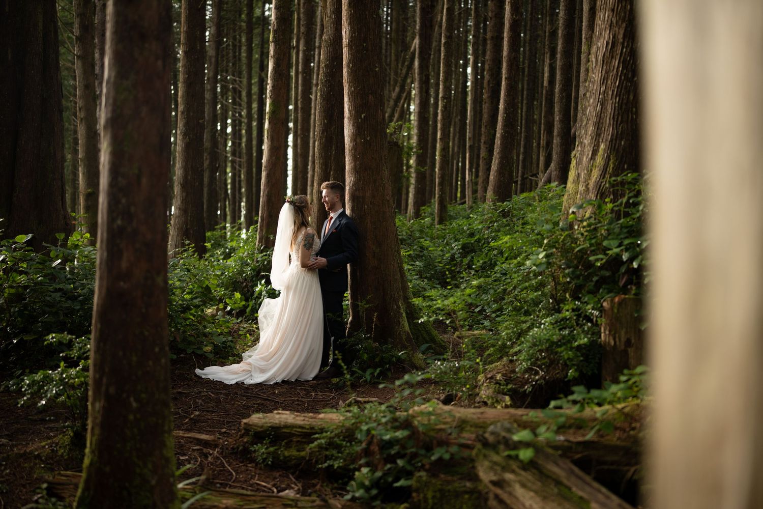 Dramatic forest wedding portrait with tall trees creating natural cathedral effect.
