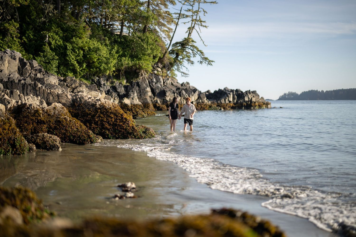 Waves gently rolling onto a sandy beach with rocky cliffs and forest in the background.