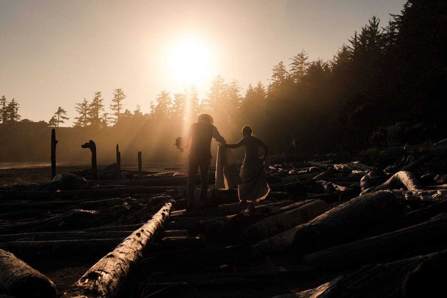Silhouettes of people walking on driftwood logs at sunset with forest backdrop.
