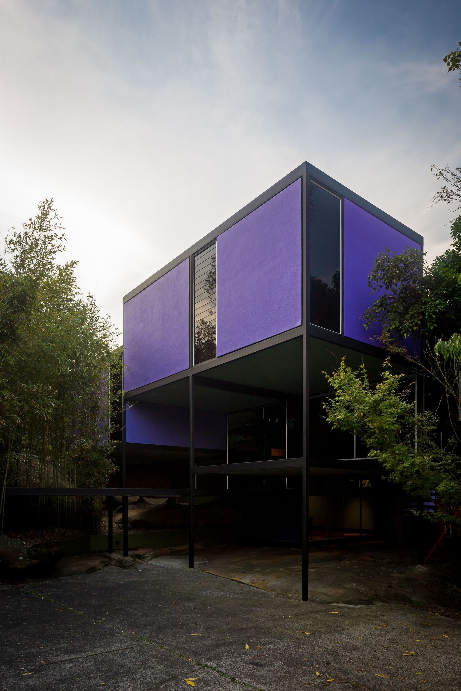 Modern cubic house with vivid purple panels and black steel frame, raised on slender columns and surrounded by lush green trees.