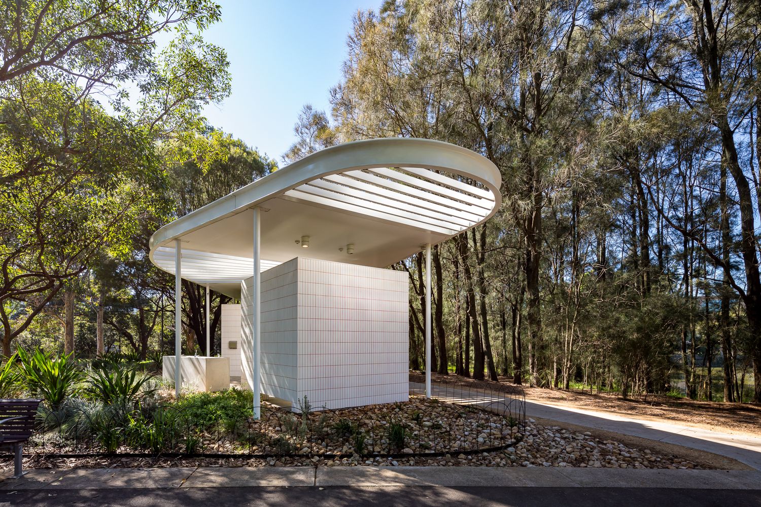 Minimalist white tiled park building with an elegant curved slatted roof, native plantings and a backdrop of tall casuarina trees.