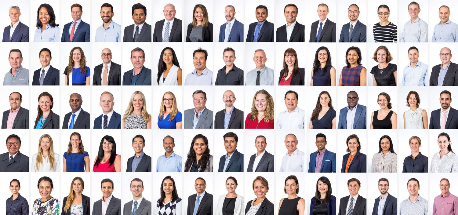 Grid of smiling professional headshots showing a diverse team of men and women in business attire against white backgrounds.