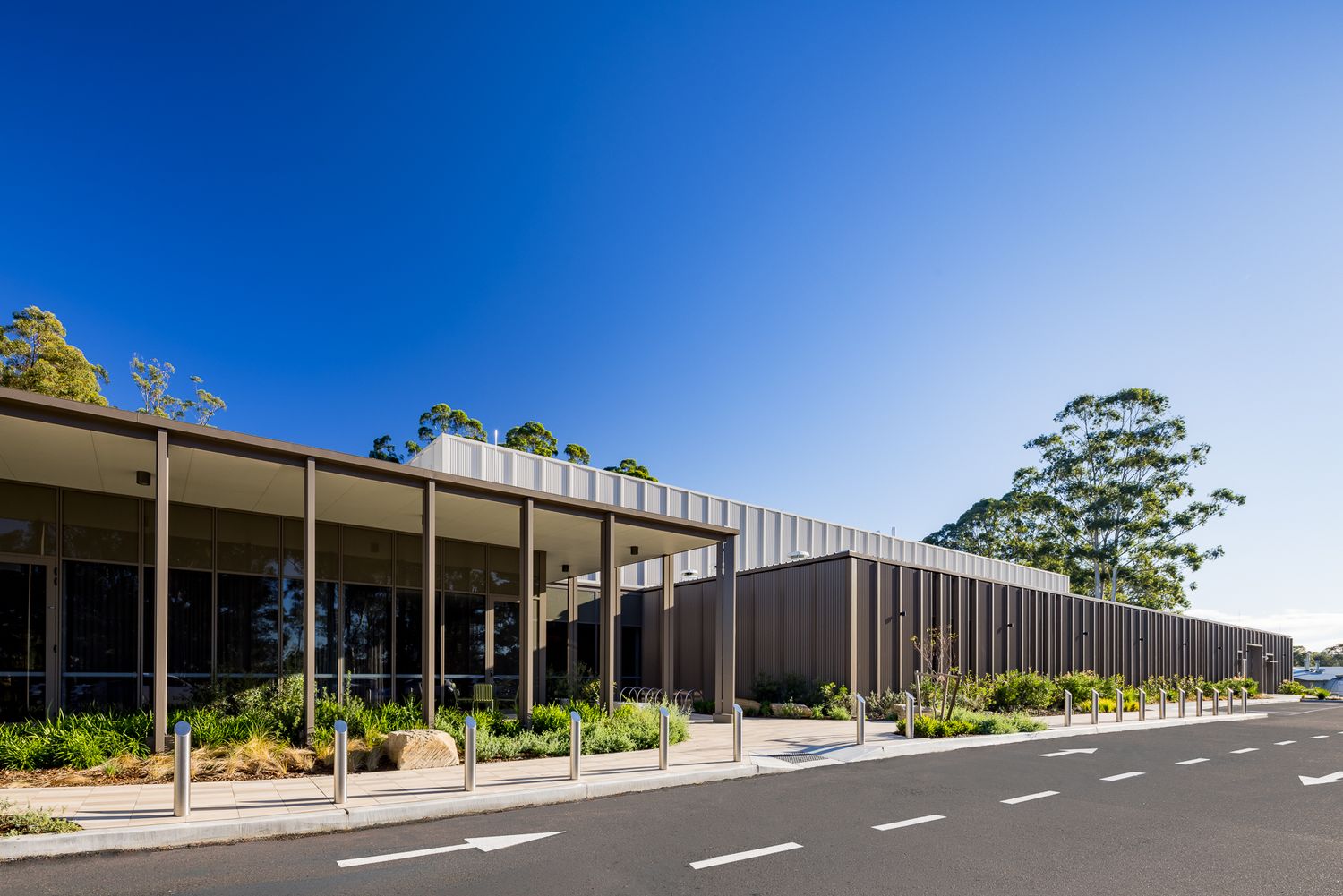 Long modern building with covered glazed entry and bronze metal cladding beside a paved path, car park and native plants under blue sky.