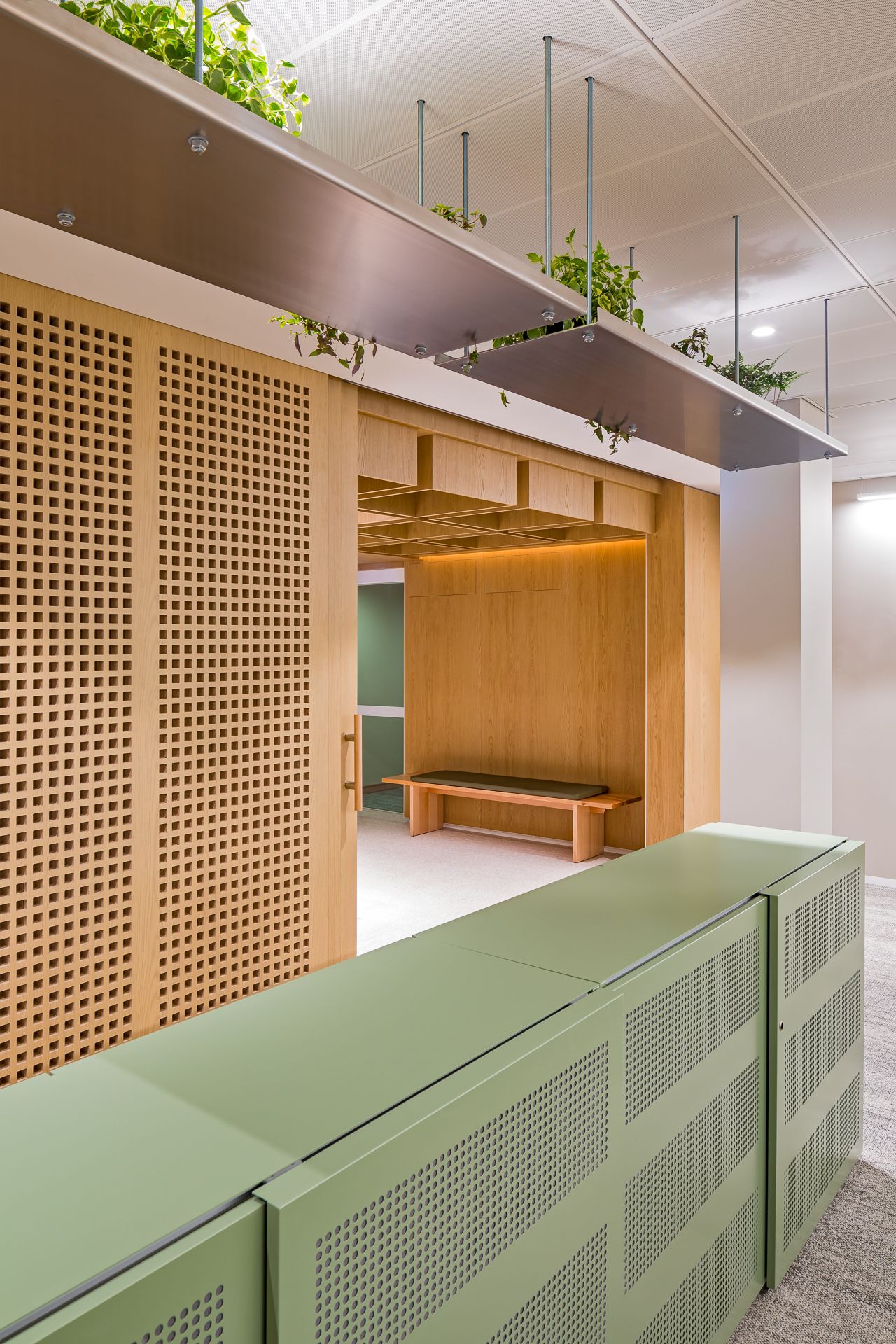 Green perforated metal counter and perforated oak panels with suspended planters above a timber bench nook in a modern office.