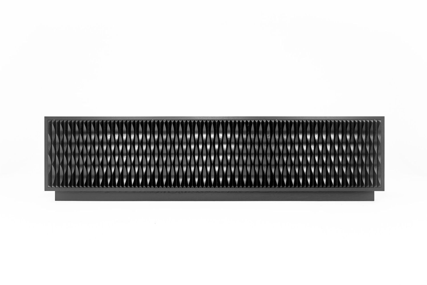 A black sideboard cabinet with a textured diamond-pattern front panel is shown against a plain white background.