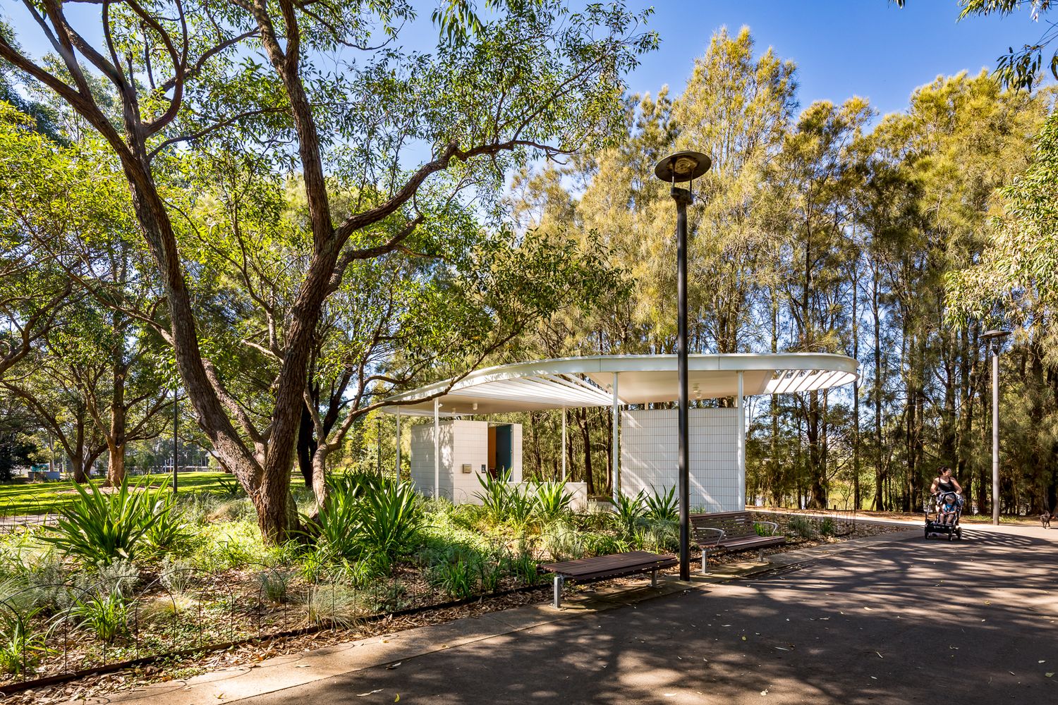 Small modern pavilion with a white canopy roof surrounded by native eucalyptus trees, a lamp post and a bench in a park.