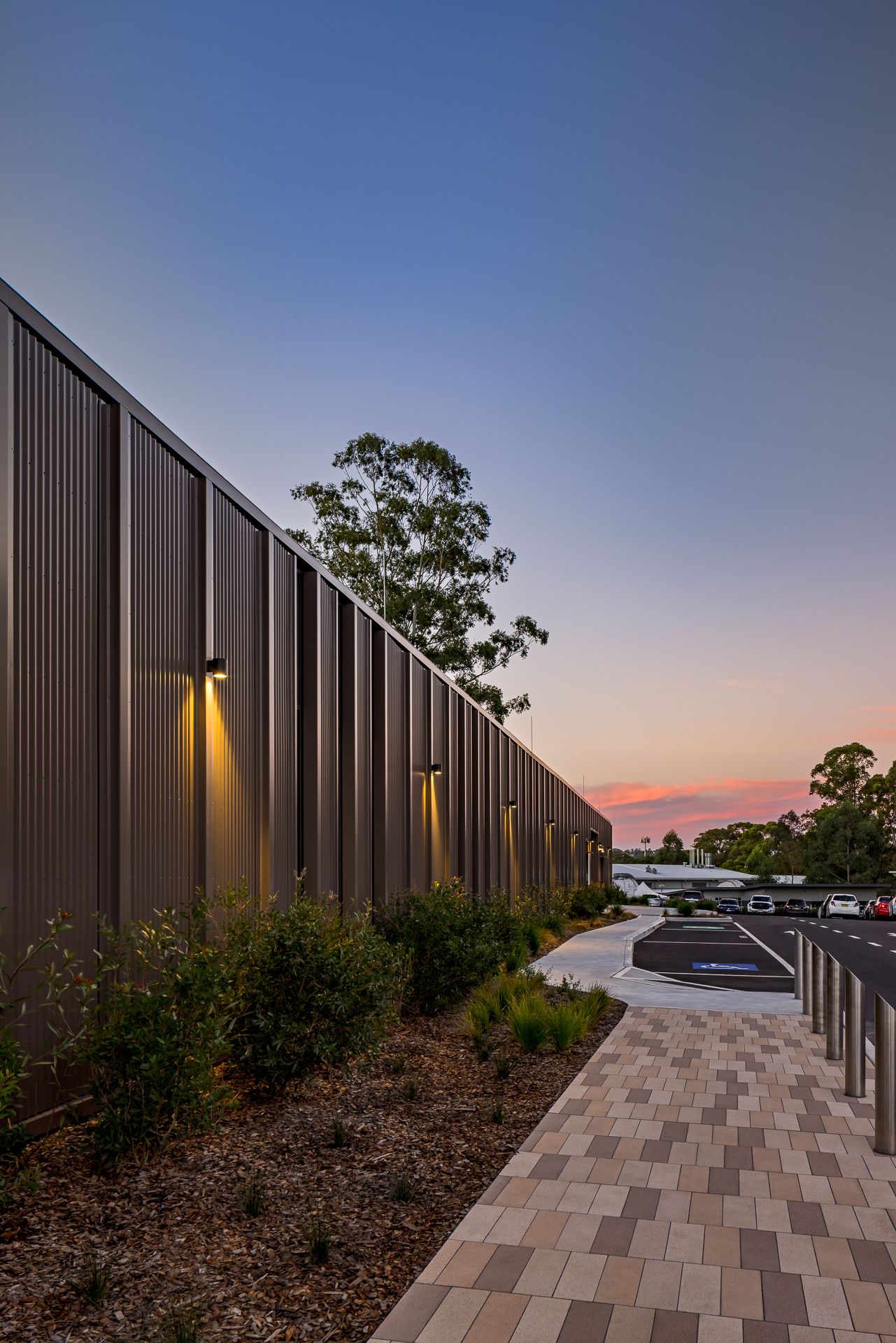 Dark corrugated metal building wall lit by wall lights at dusk, with a paved brick pathway, native shrubs and a sunset sky.