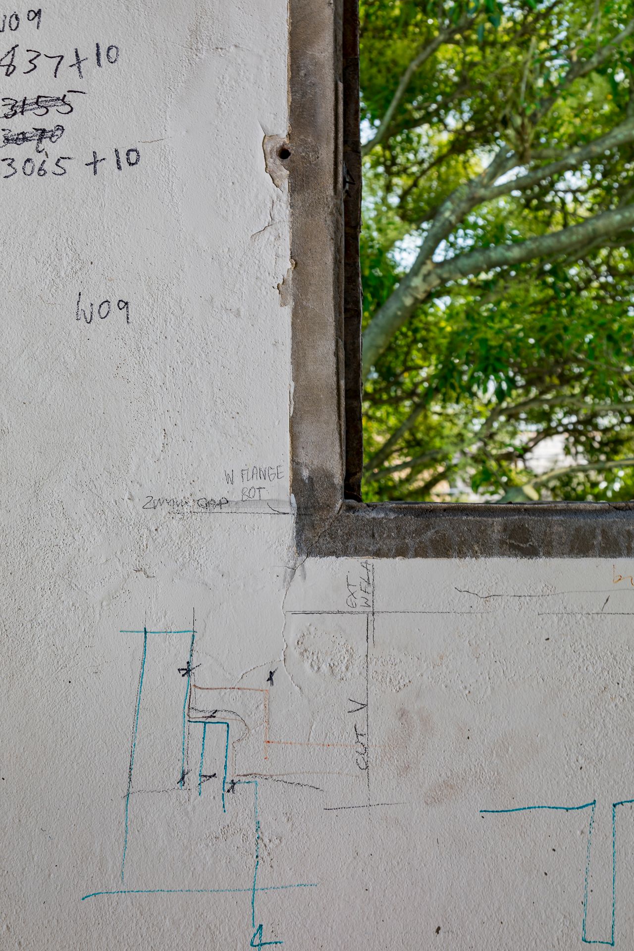 Plaster wall with handwritten measurements and blue construction markings beside a window frame showing green tree foliage.