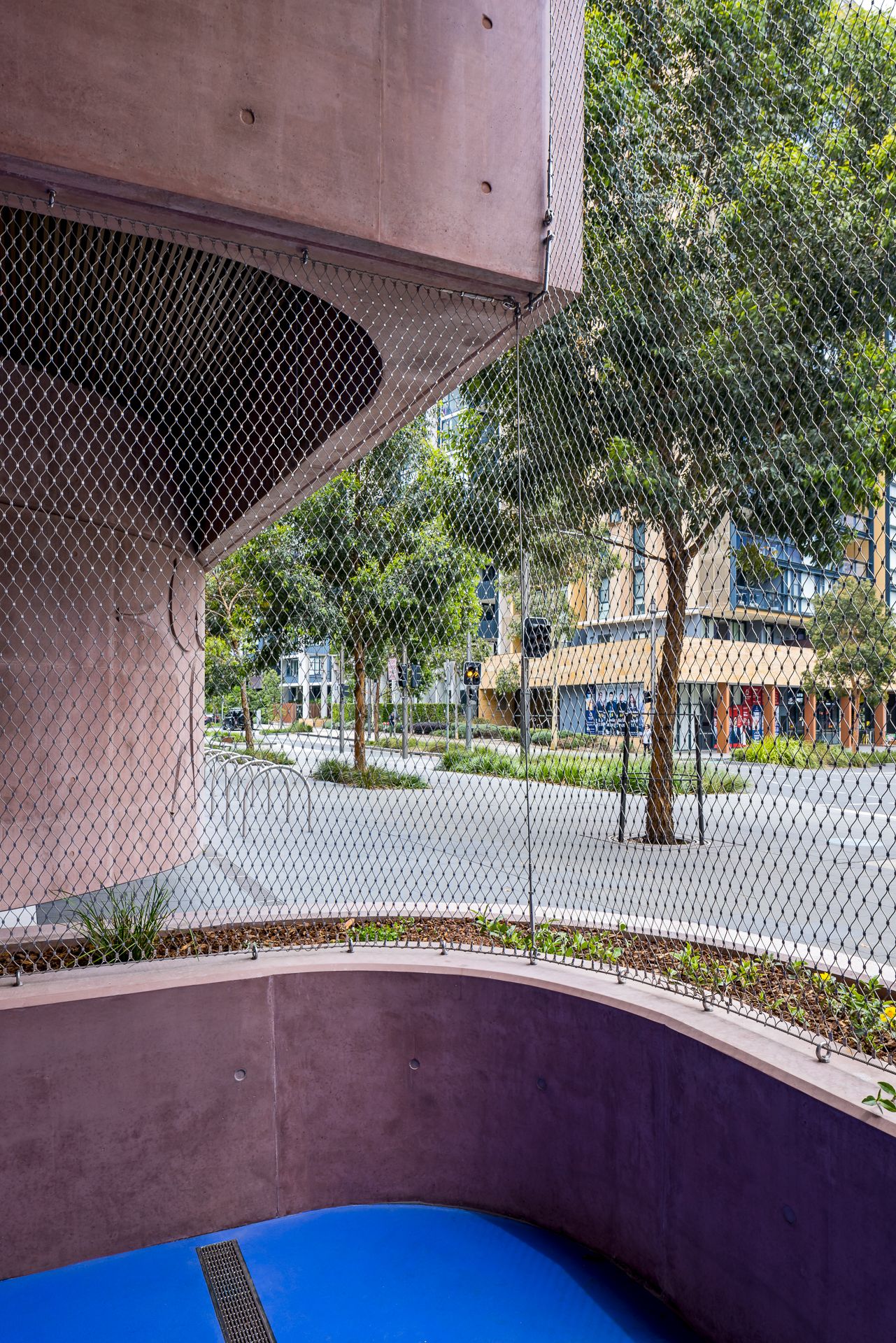 Curved pink concrete wall and blue floor viewed through steel mesh, framing street trees and city buildings outside.