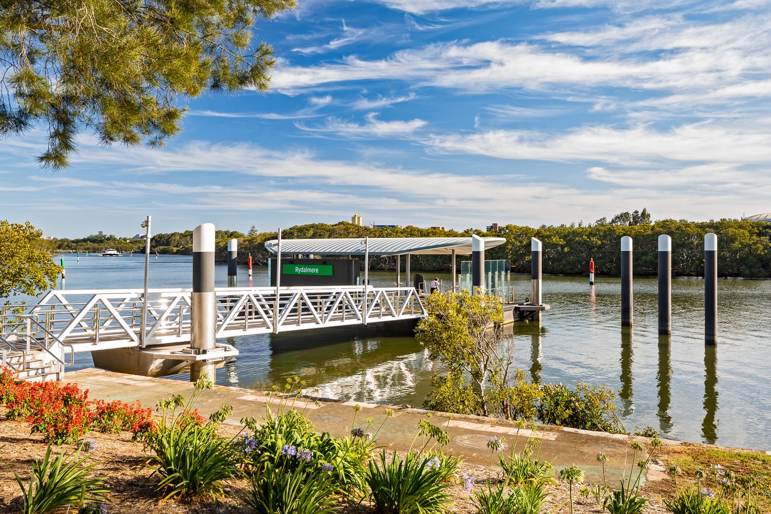 Ferry wharf with a green sign and white gangway on a sunny river, with colorful plants growing along the foreground bank.