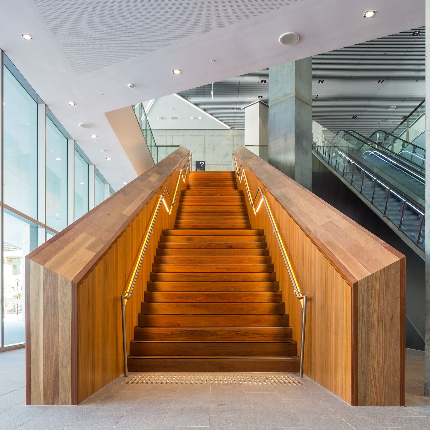 Wide timber staircase with warm wooden balustrades leads up through a bright modern interior with glass walls and escalators.