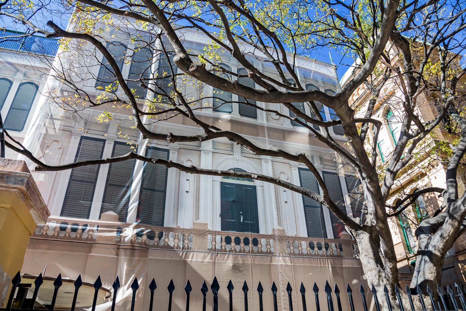 Ornate white heritage building with tall windows and a decorative balustrade viewed through bare tree branches.