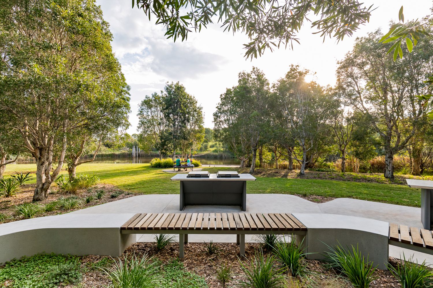 Curved concrete and timber seating beside outdoor barbecue benches overlooking a sunny lawn, trees and a pond.