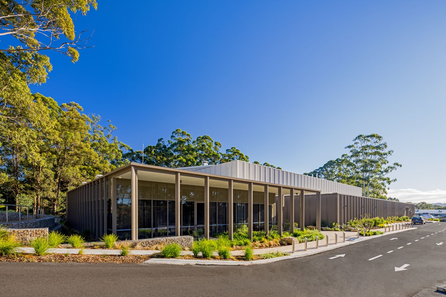 Modern single-storey building with timber cladding and a wide covered veranda surrounded by native landscaping, gum trees and a blue sky.