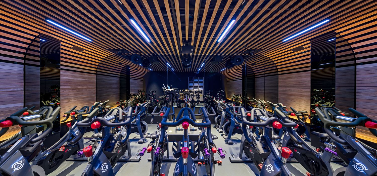 Modern indoor cycling studio with rows of stationary bikes beneath a warm timber slatted ceiling and linear lighting.
