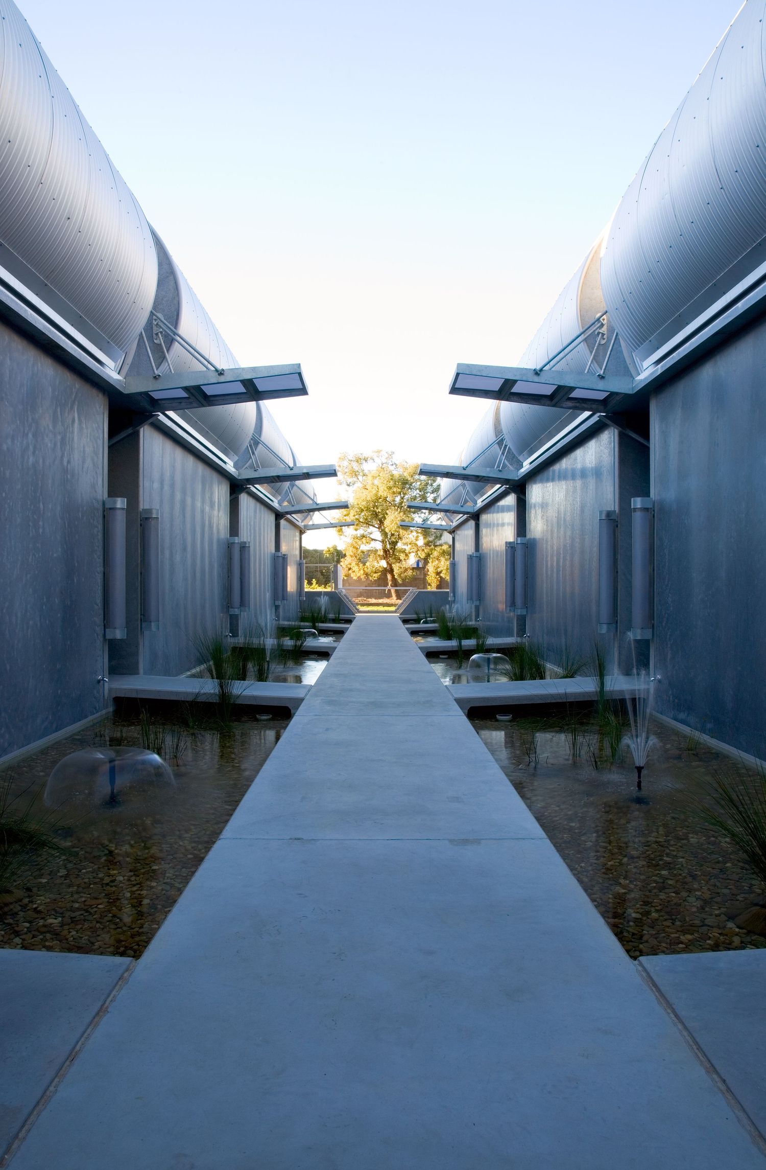 Concrete pathway between metal-clad buildings with curved roofs and reflective water features, leading toward a tree.