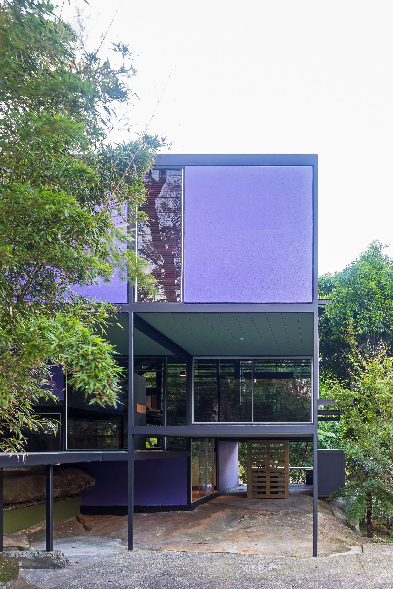 Modern purple-clad pavilion house on steel stilts with large glass windows, set among lush green trees and native bushland.