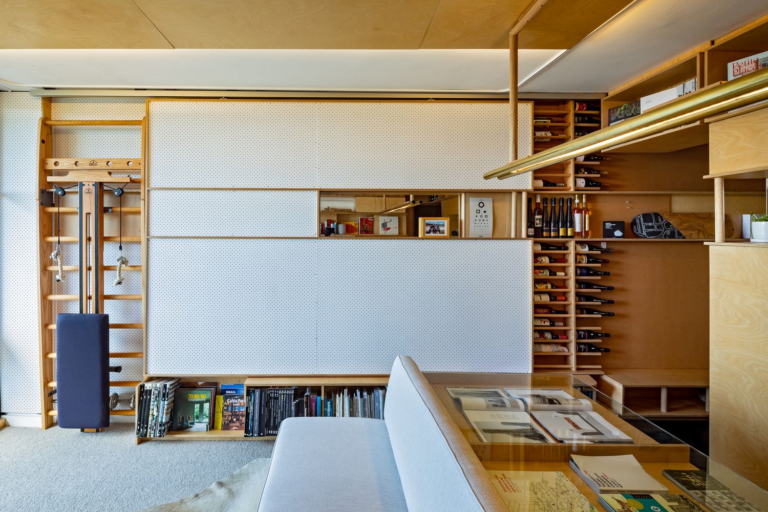 Living room with wall bars, a hanging blue punching bag, sliding white panels and custom wooden shelves.