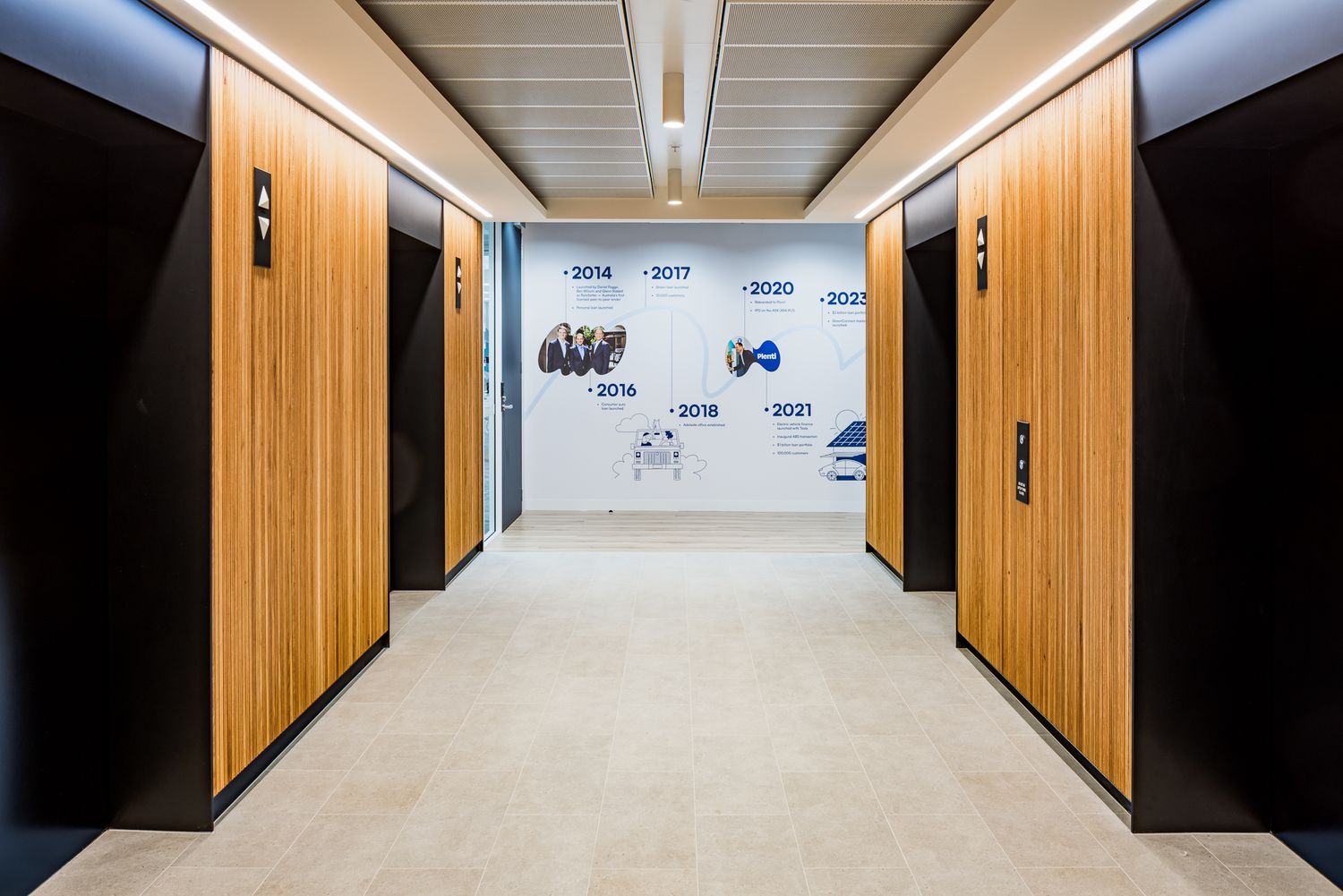 Office lift lobby with timber-paneled elevator doors and a timeline wall graphic showing company milestones from 2014 to 2021.