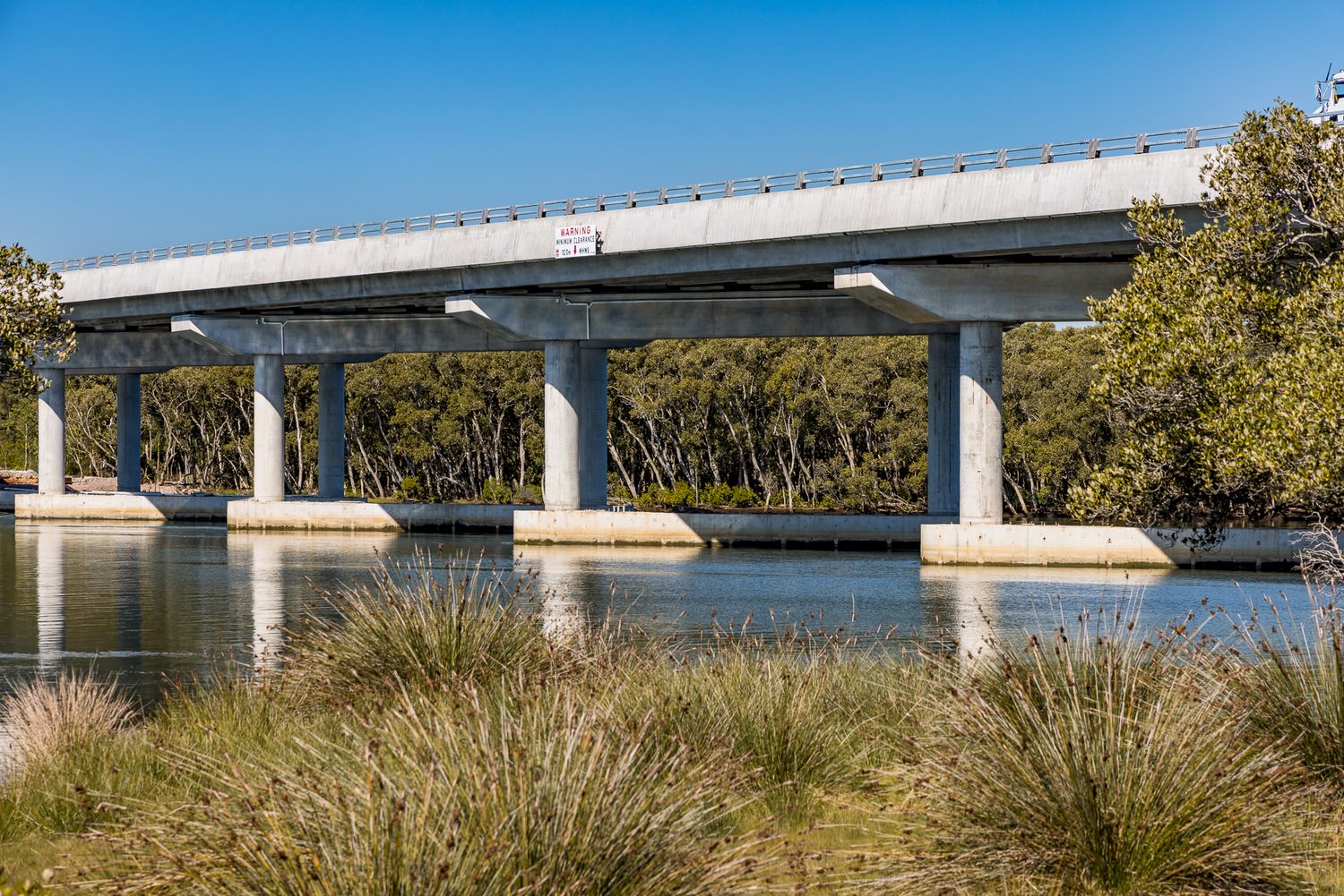 Long concrete highway bridge on sturdy piers crossing calm water, with tall grasses and mangrove trees in the foreground.
