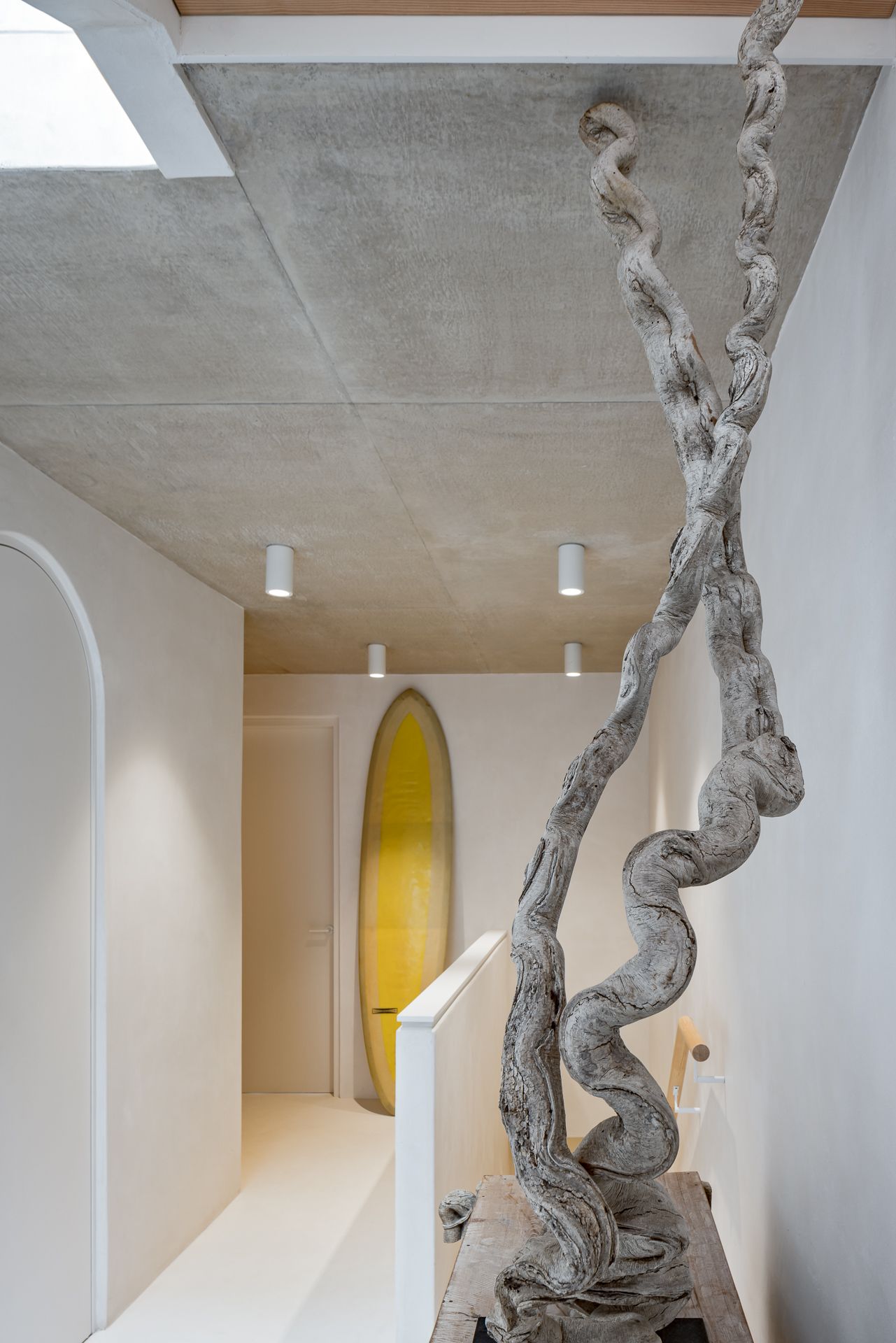 Concrete-ceilinged landing with a twisted driftwood sculpture, an arched doorway and a yellow surfboard displayed on the wall.