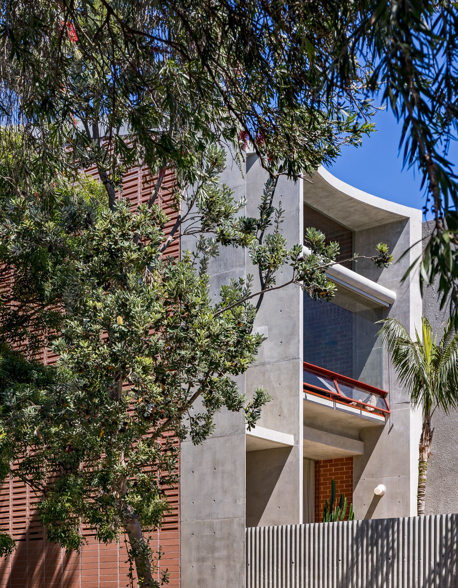 Multi-level concrete home with curved balconies, timber screens and red balustrades, framed by leafy trees and a palm against a blue sky.