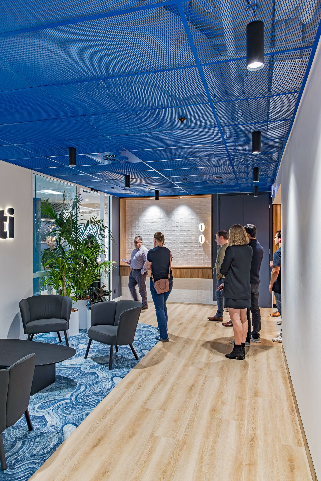 Colleagues chat in a modern office lounge with a blue perforated ceiling, grey armchairs, a patterned rug and a large indoor plant.