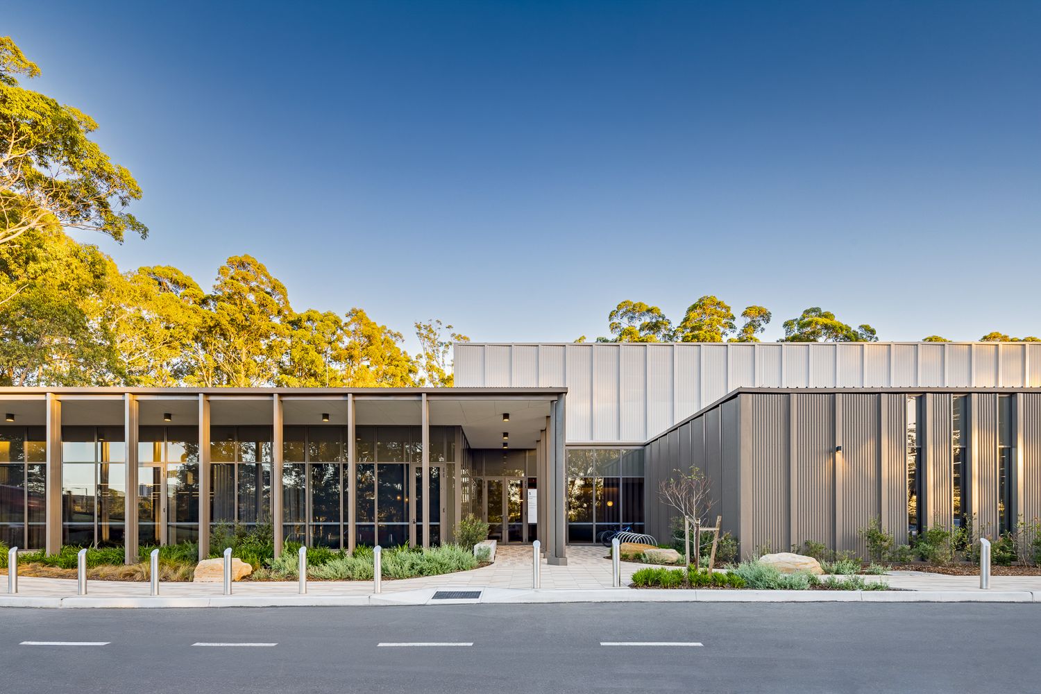 Modern commercial building with timber and metal cladding, glass walls and a covered walkway, set among tall gum trees beside a quiet road.