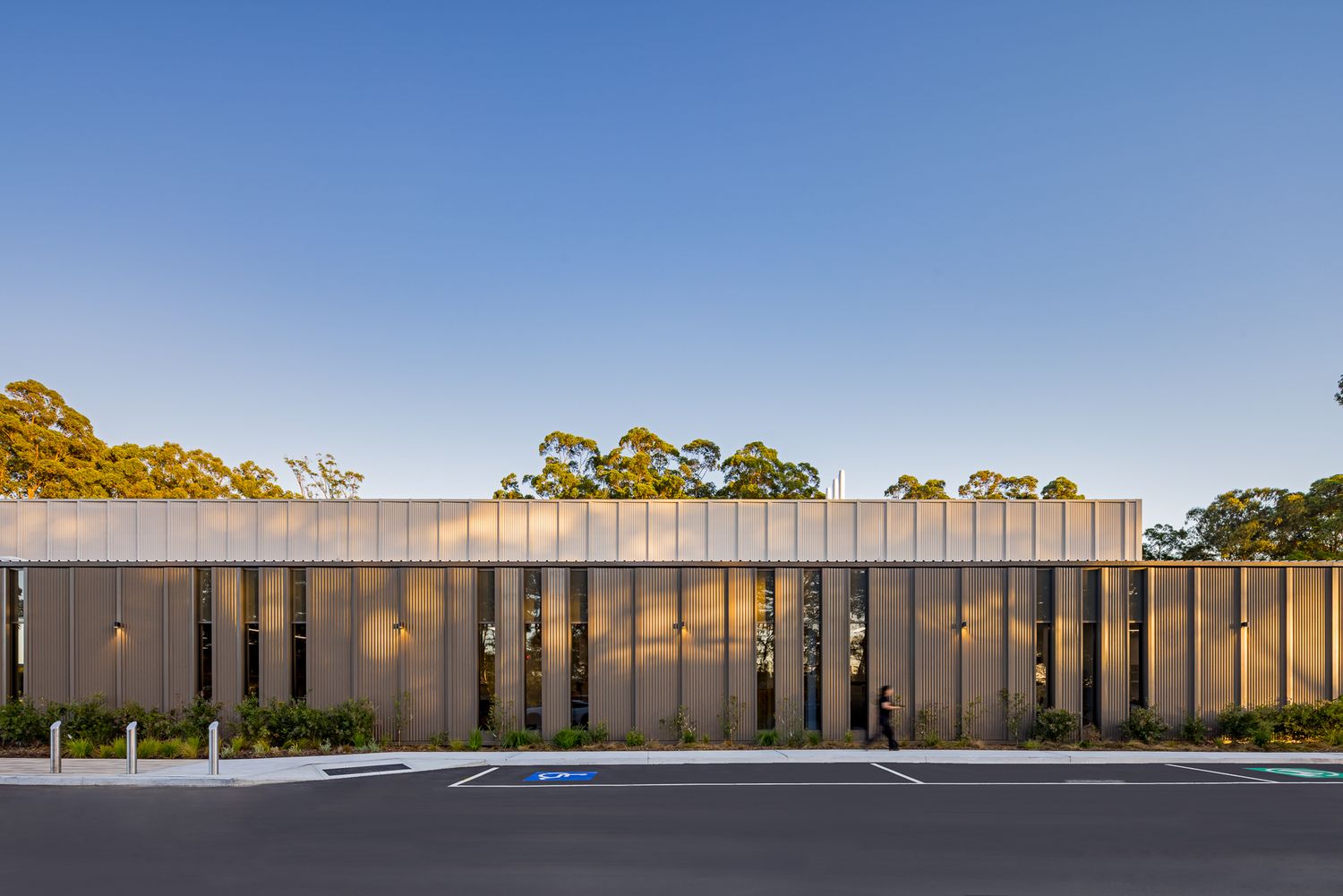 Modern facility exterior with vertical timber-look cladding and glass panels beneath a clear blue sky and eucalyptus trees.