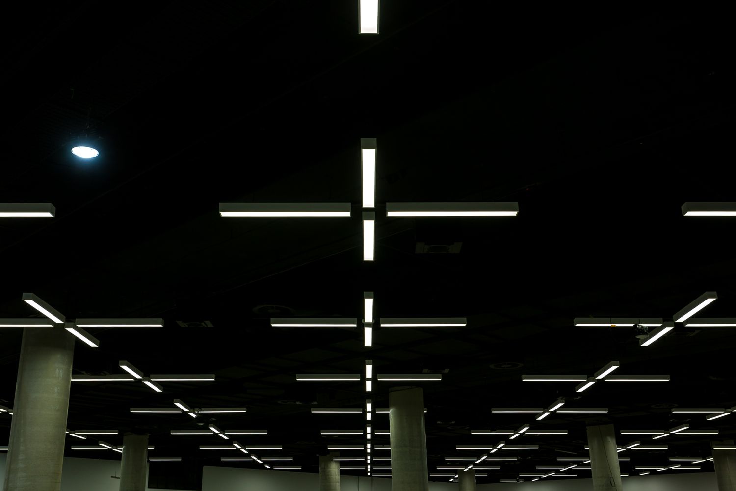 Dark ceiling of a large venue with linear light fixtures forming a grid pattern above concrete columns.