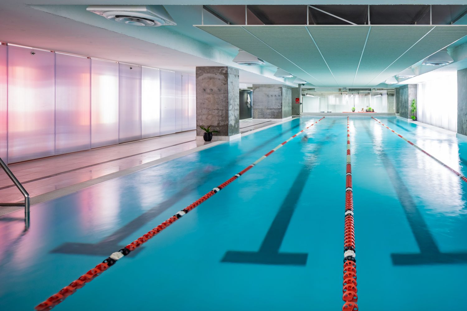 Indoor swimming pool with marked lap lanes, red lane dividers and soft light filtering through frosted glass panels.