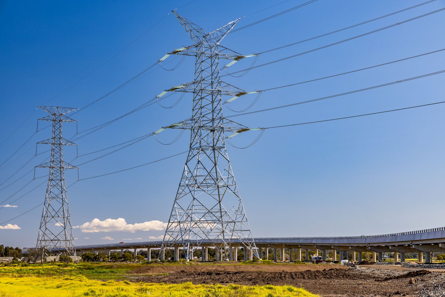 Tall steel electricity pylons with power lines rise above a yellow flower field, with a highway bridge visible in the background.