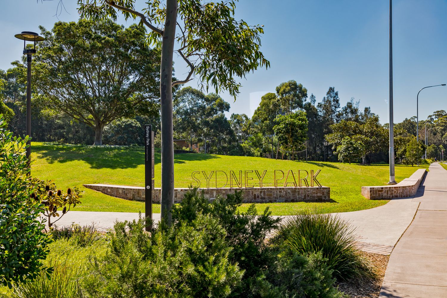 Sydney Park sign set into a low stone wall on a grassy hill, with a footpath, native shrubs and tall gum trees.