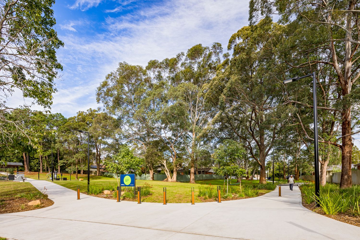 Smooth curving concrete footpath winds through a grassy park lined with tall gum trees and native plantings on a sunny day.