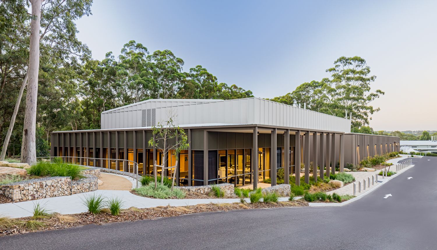 Contemporary low-rise building with steel-framed glazing and metal roof set in bushland, with a curved driveway and rock garden beds.