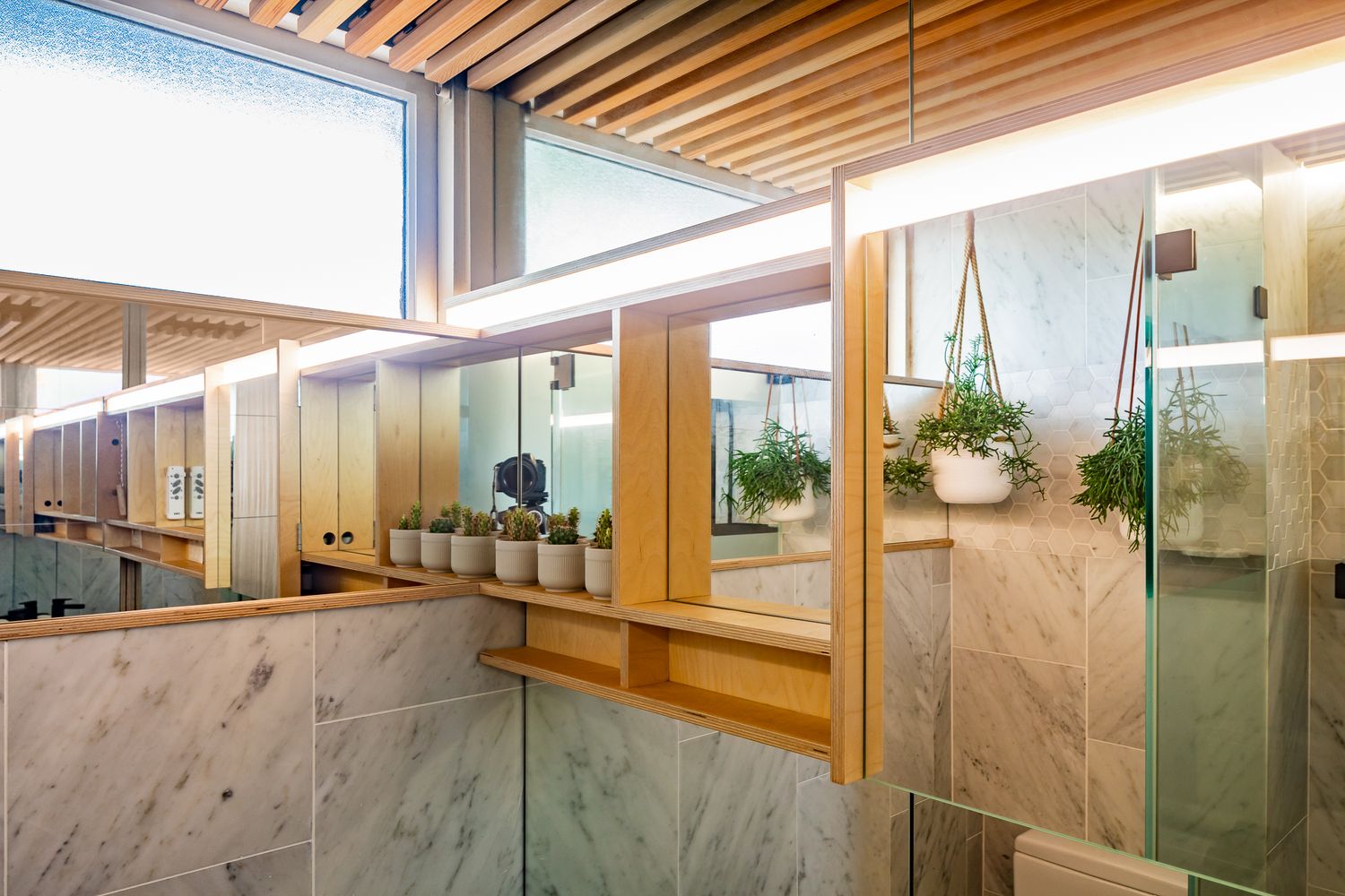 Bathroom with marble walls, timber slat ceiling, mirrored cabinet, and small potted plants on a wooden shelf.