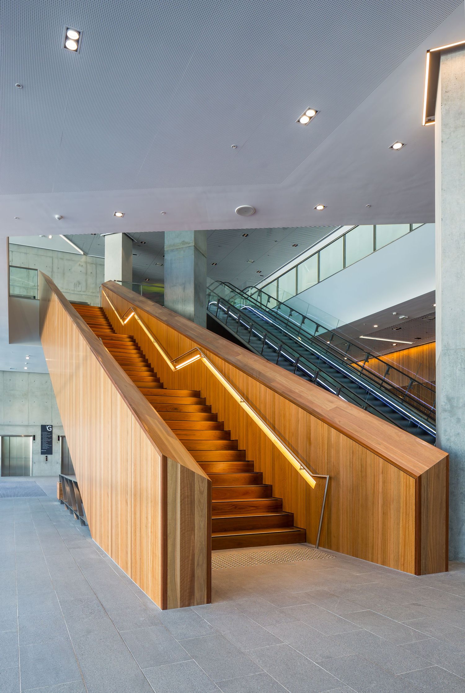 Wooden staircase with illuminated handrails rising beside escalators in a modern concrete and timber foyer.