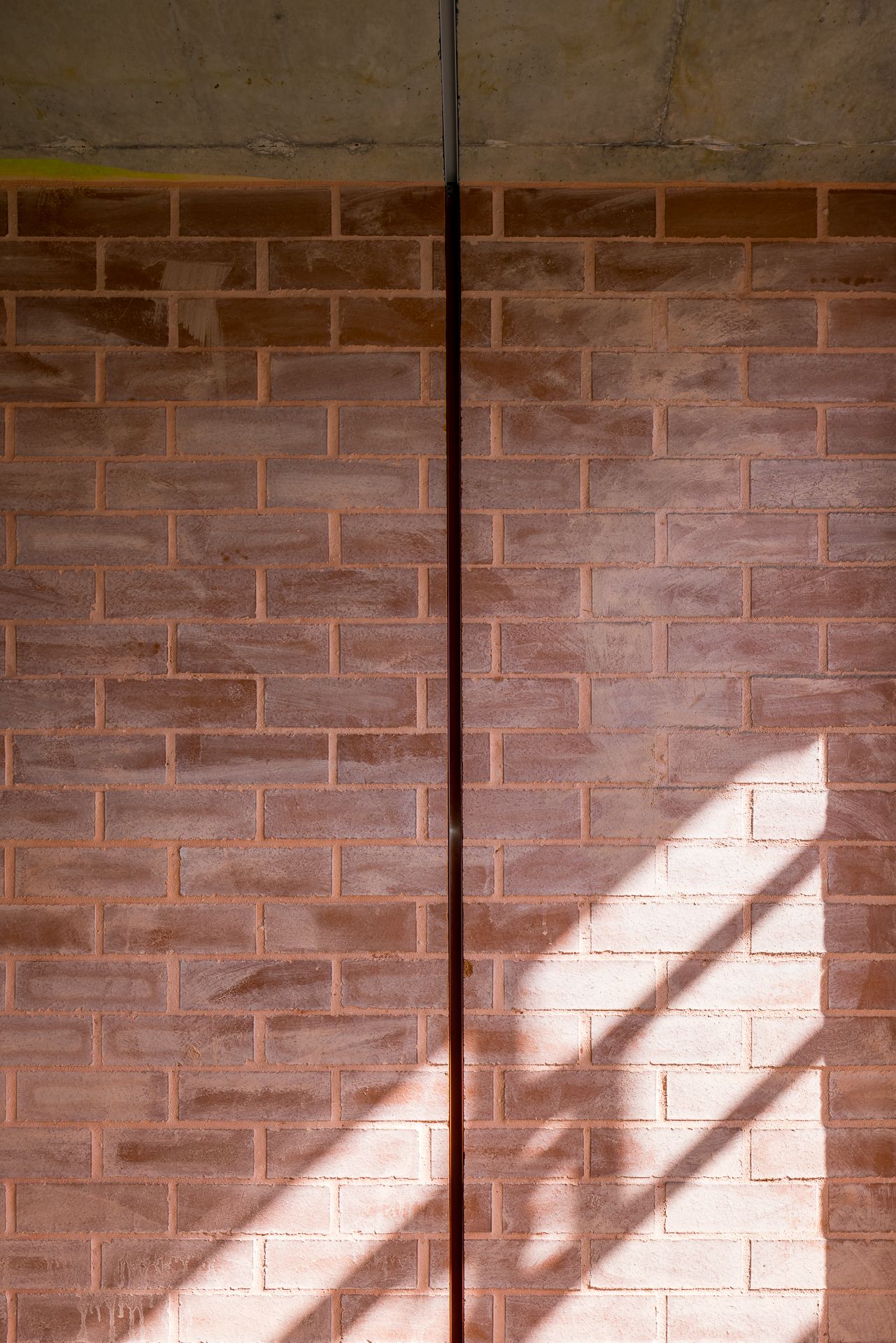 Red brick wall divided by a thin dark vertical joint, with sunlight casting diagonal shadows across the textured bricks.