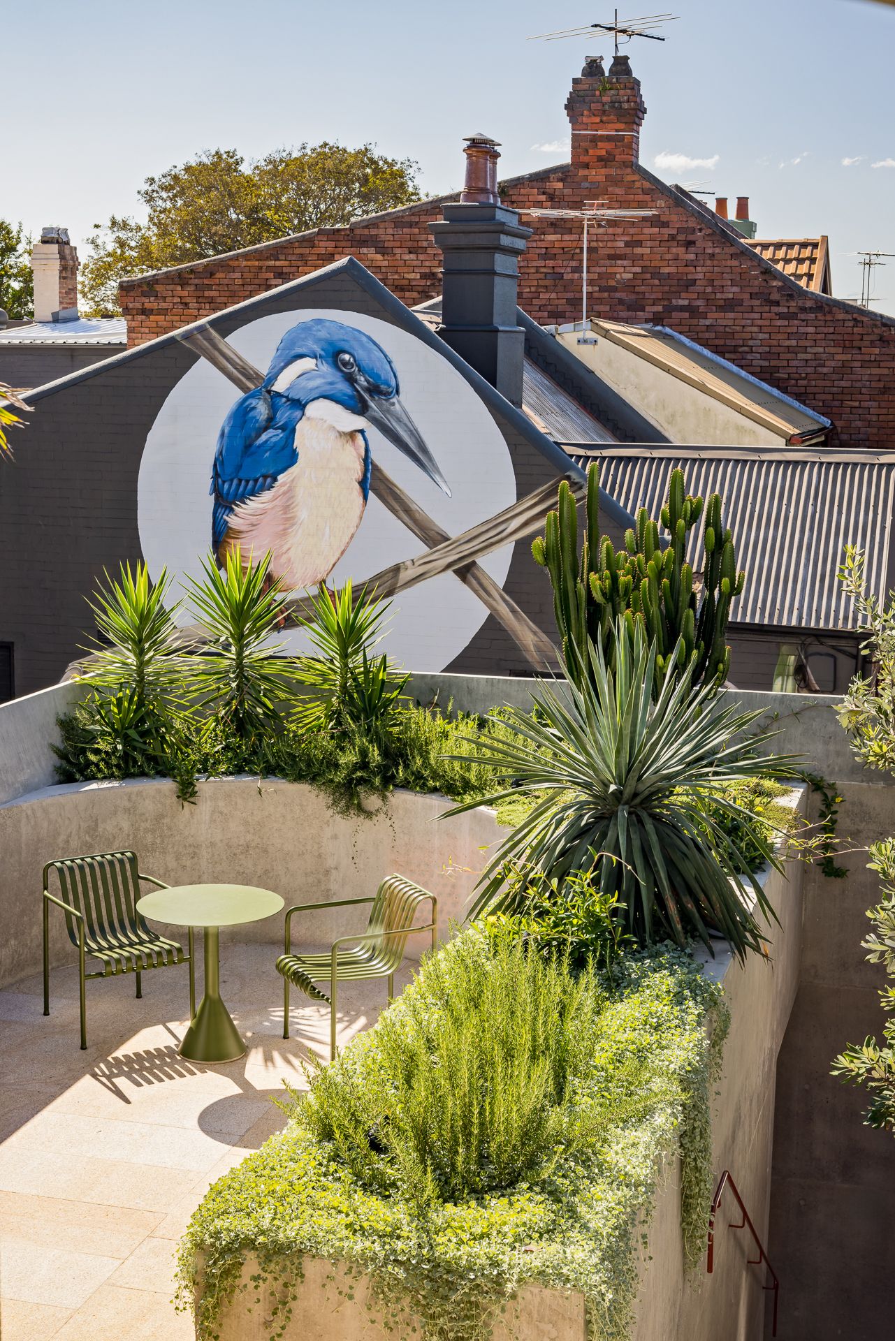 Rooftop terrace with green planting, a bistro table and chairs, and a large kingfisher mural on a wall beside brick rooftops.