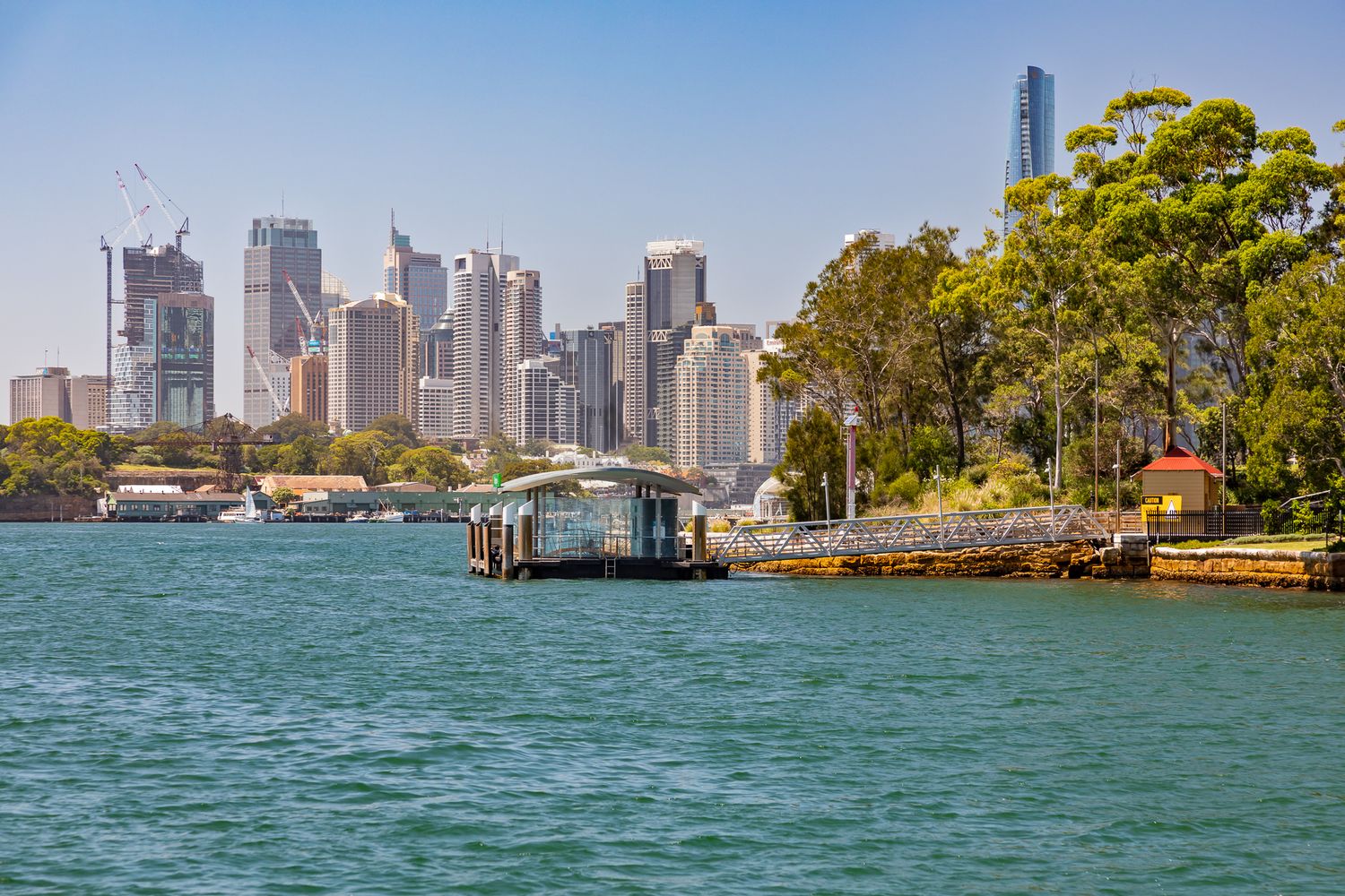 Small ferry wharf on sparkling harbour water with the Sydney city skyline of tall skyscrapers rising behind trees on a clear blue day.