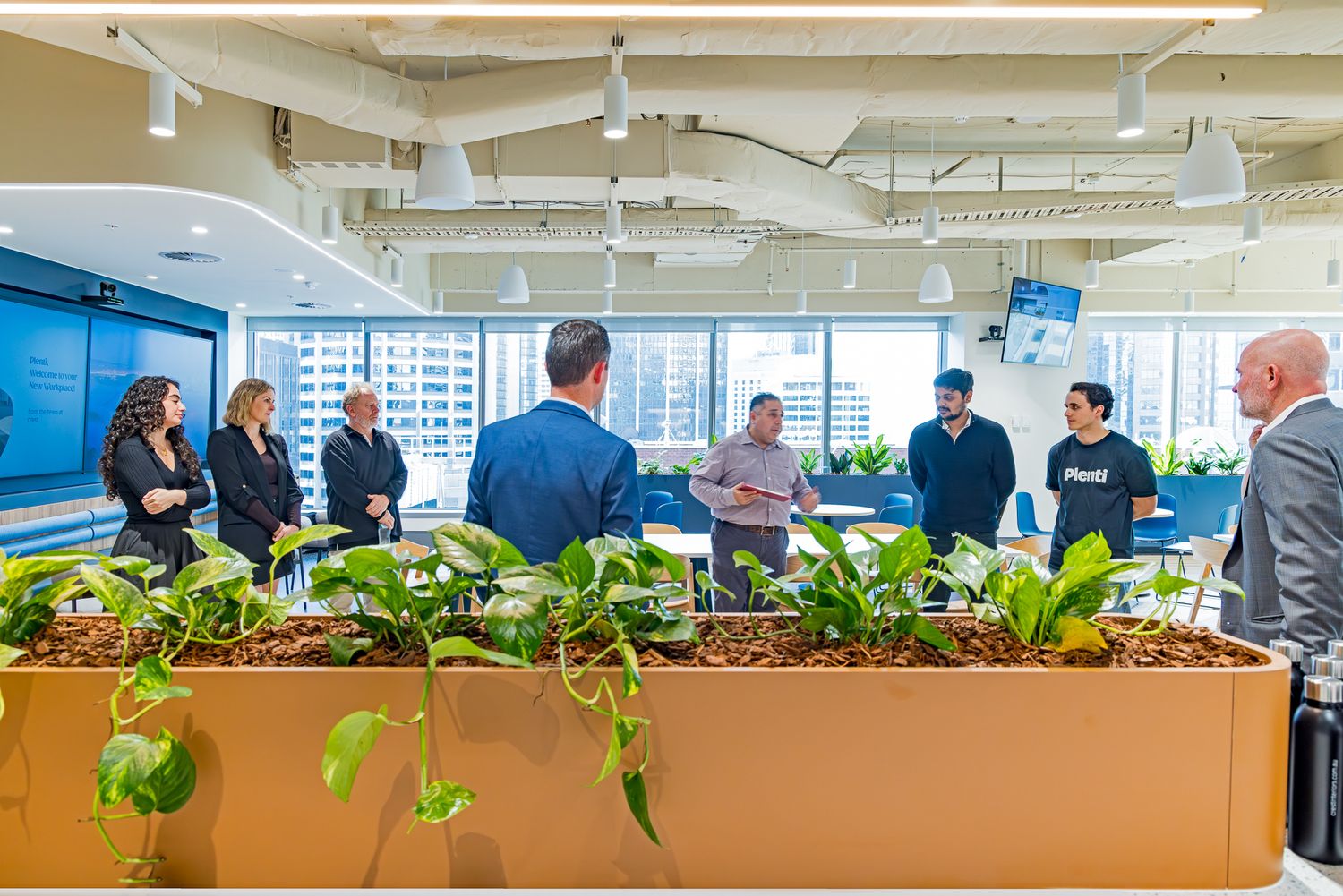Office staff stand behind a wooden planter filled with green plants in an open workspace with large windows and exposed ceilings.