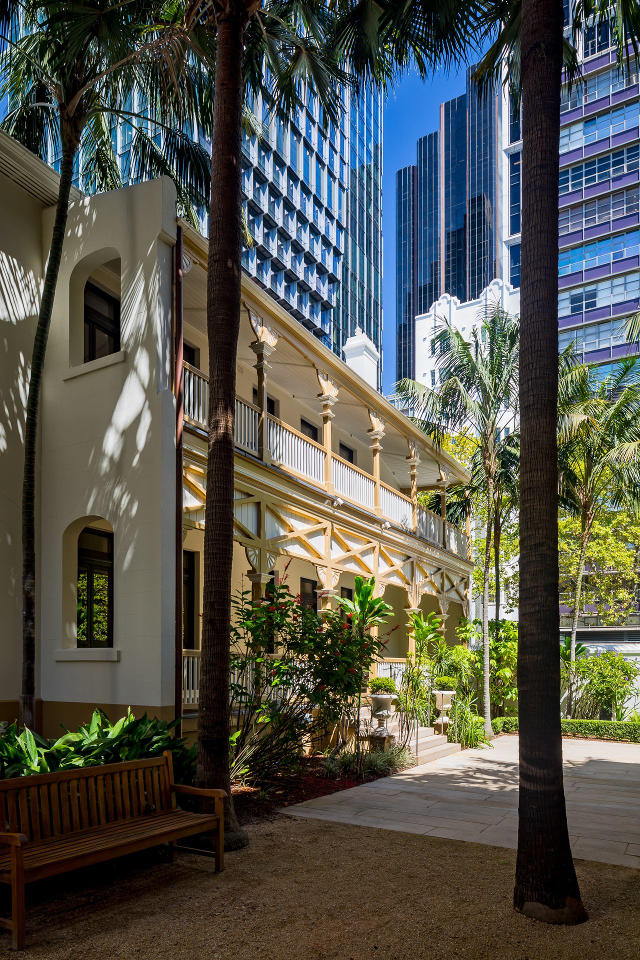 Heritage building with timber veranda, palm trees and a park bench set against modern glass skyscrapers in the city.