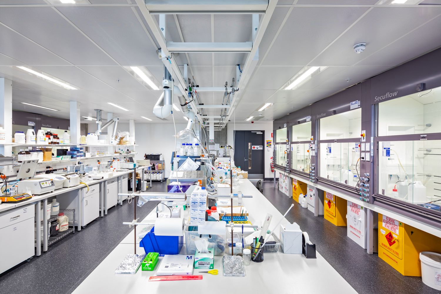 Bright modern science laboratory with long workbenches, overhead service pipes, glass-fronted fume cupboards and neatly arranged equipment.