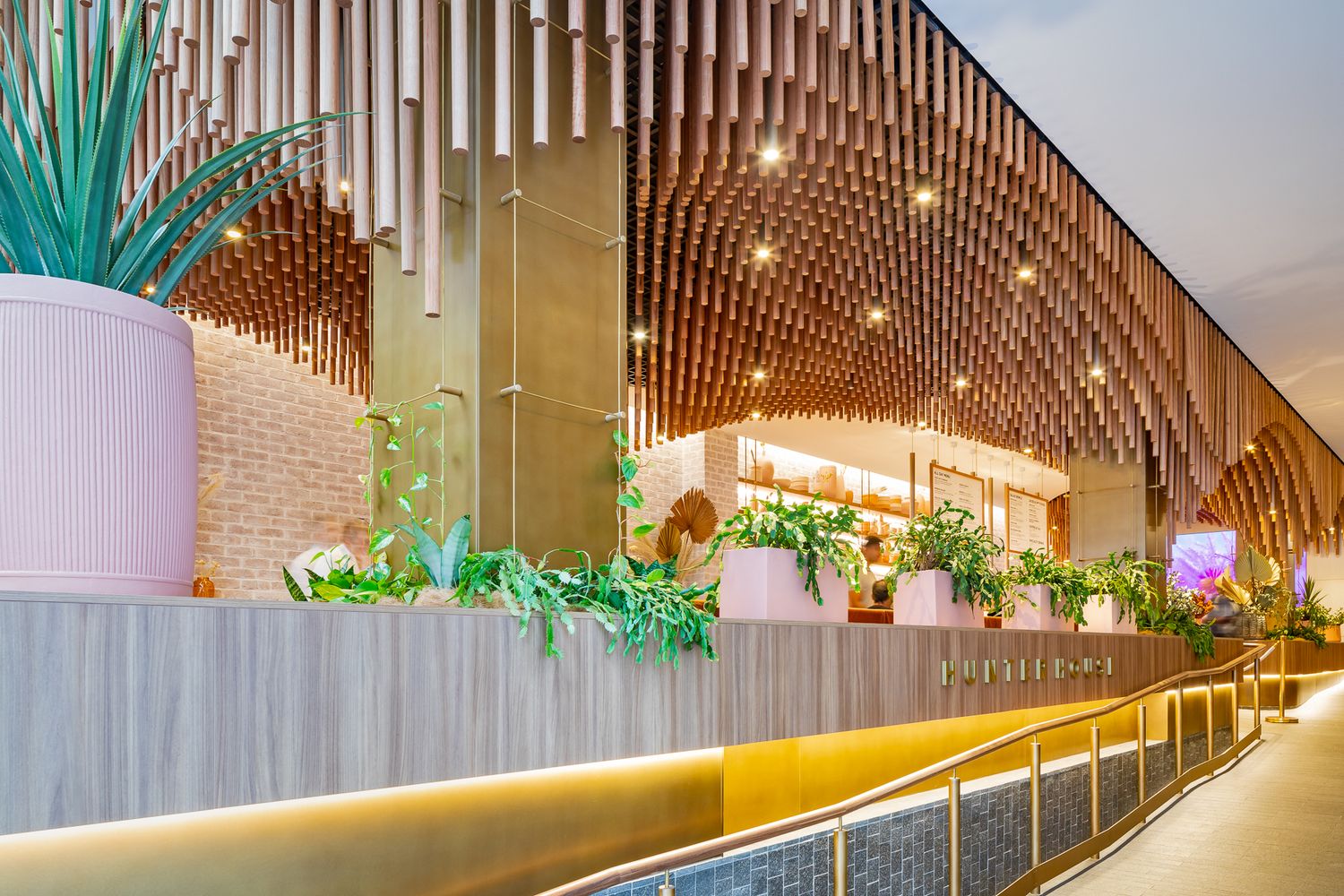 Cafe interior with a glowing curved counter, pink planters, greenery, and a layered timber tube ceiling above a ramp with a railing.