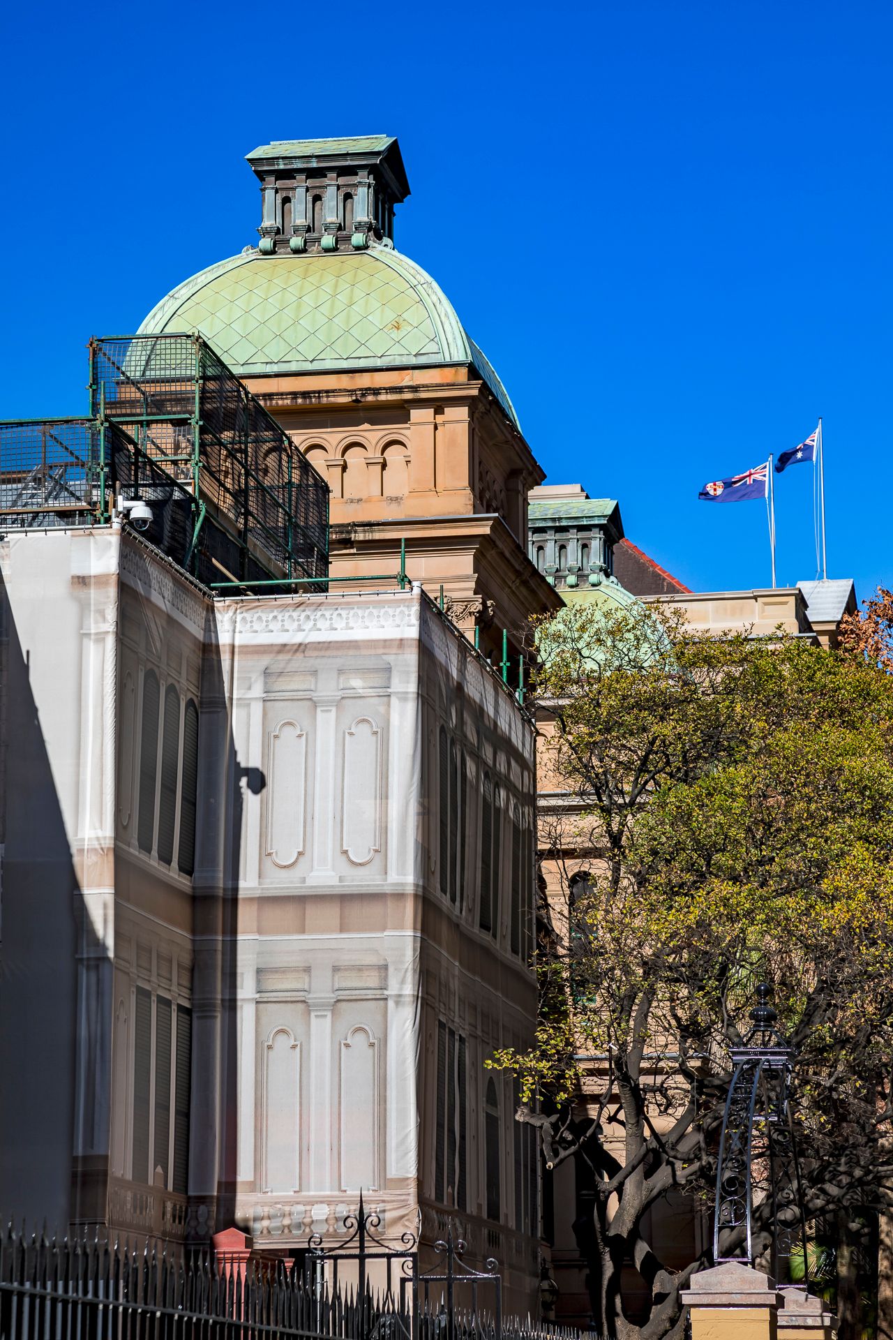 Green copper dome and ornate historic building facade with flags flying against a deep blue sky and autumn trees.